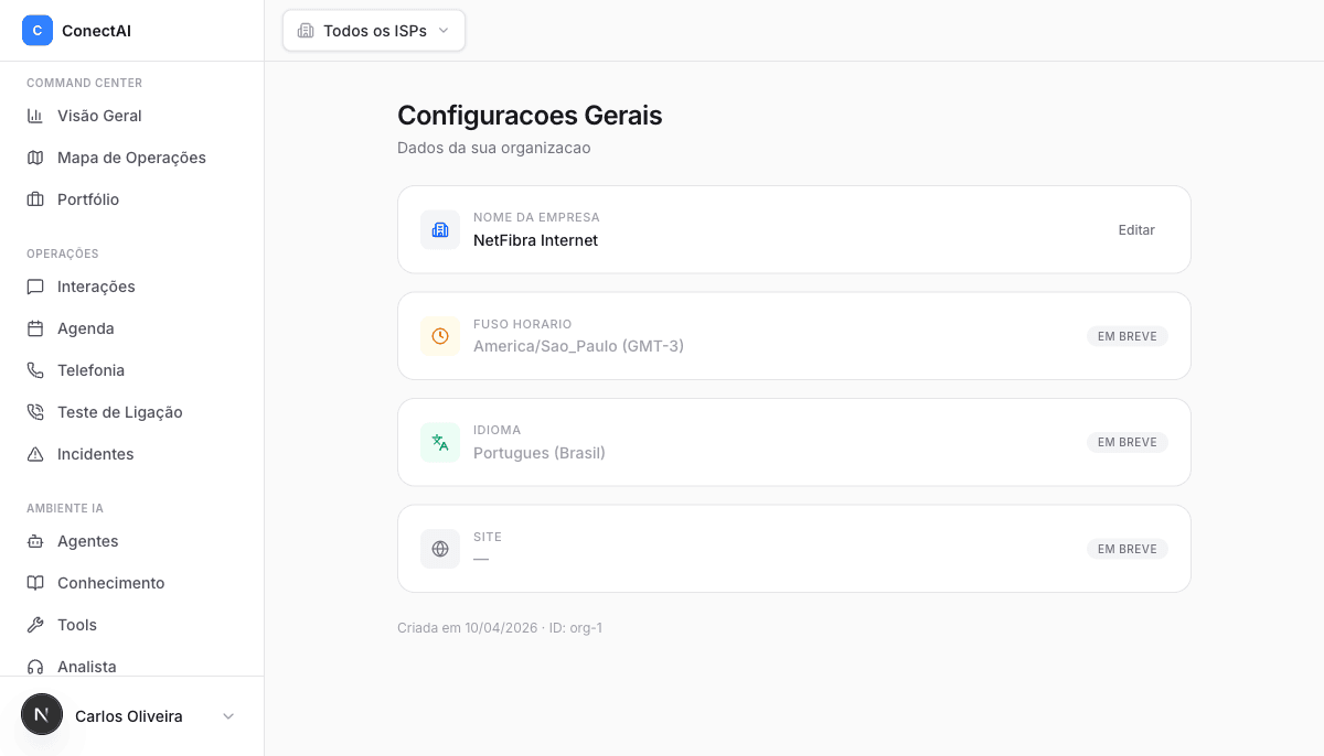 Tela /config/geral com cards editáveis inline