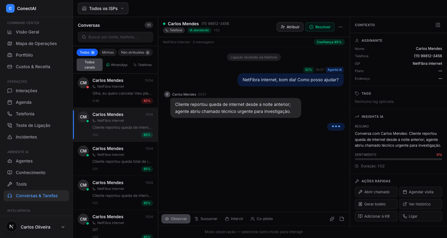 Inbox, conversas e tarefas