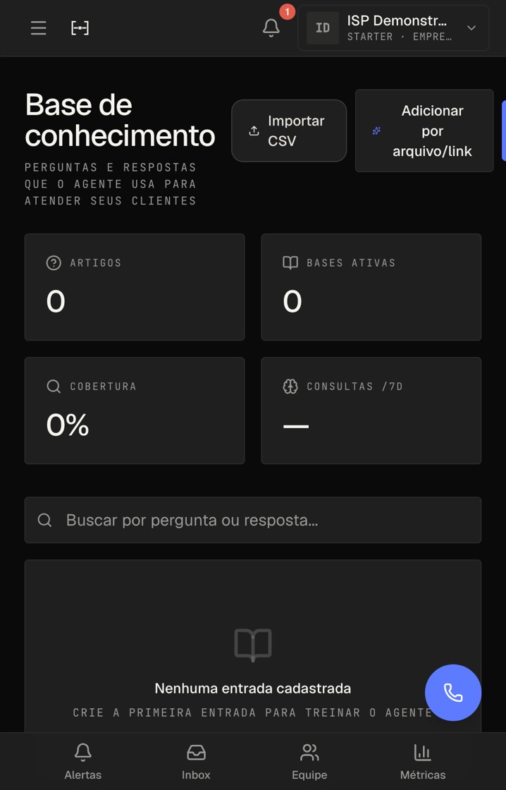 Topo de IA → Conhecimento: os três botões — Importar CSV · Adicionar por arquivo/link · Nova entrada