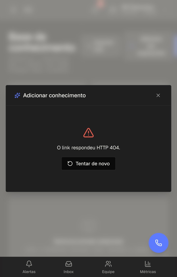 Exemplo de erro — "O link respondeu HTTP 404." + botão Tentar de novo