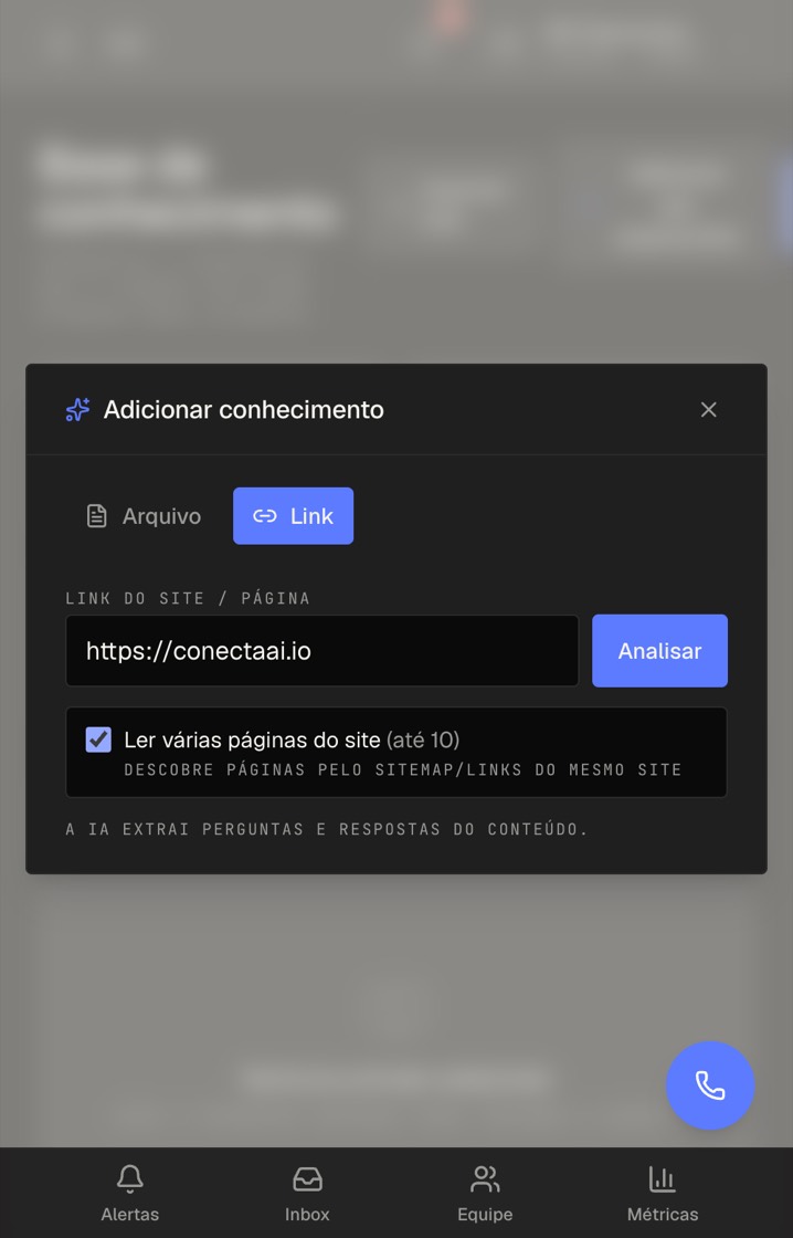 Aba Link com "Ler várias páginas do site (até 10)" marcado