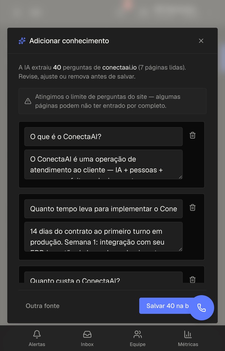 Revisão — cabeçalho "A IA extraiu N perguntas de … (M páginas lidas)", cards editáveis e o botão Salvar na base